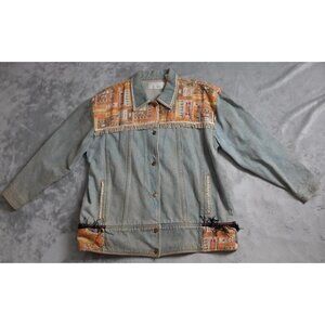 Vintage Flight Club Denim Jacket Women's Size 3X Blue Orange Button Up Tasseled